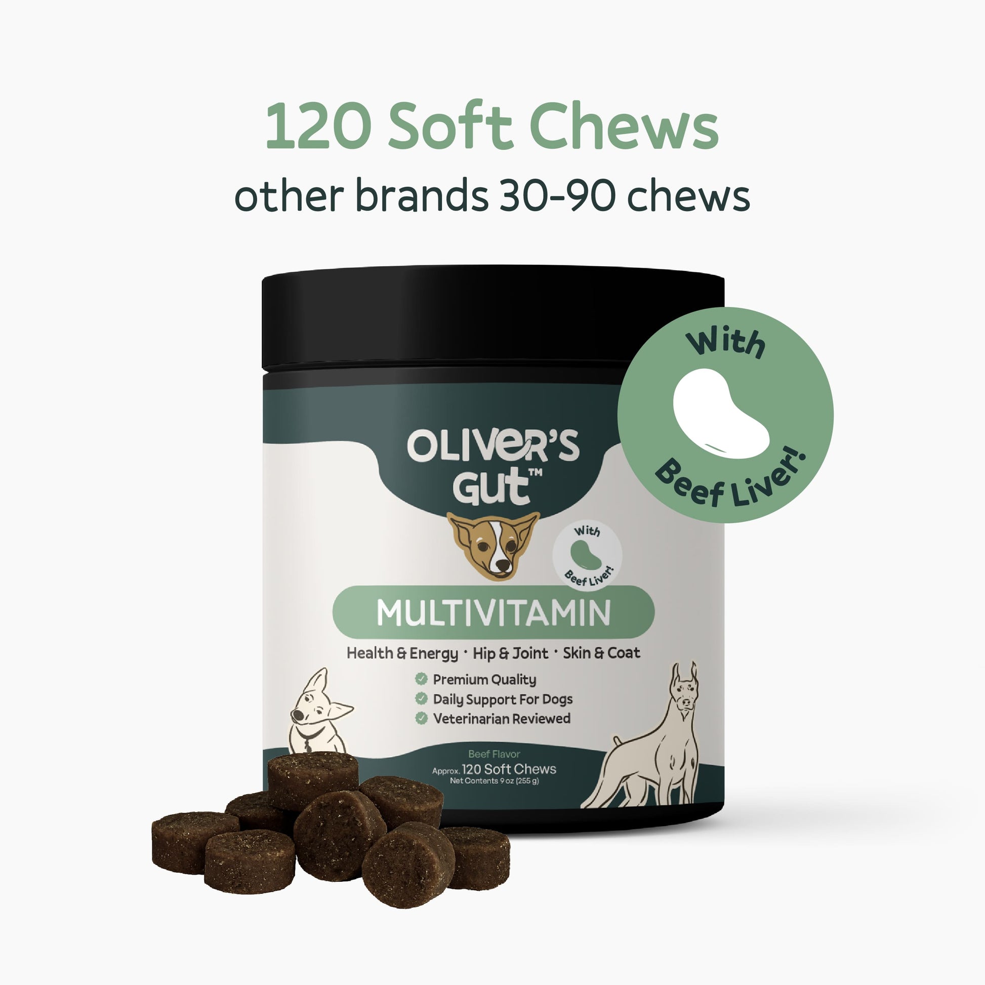 Oliver's Gut Multivitamin for dogs with beef liver, displayed on a white background.